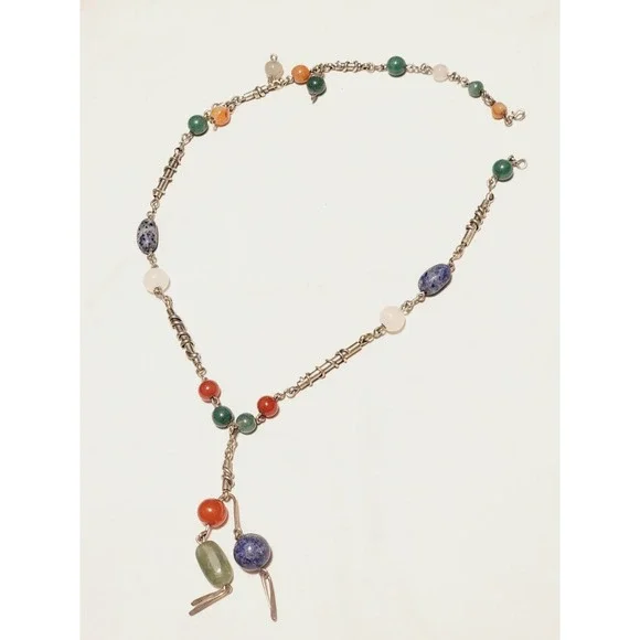 Vintage Sterling Silver Modernist Brutalist Beaded Stone Abstract Necklace 24in